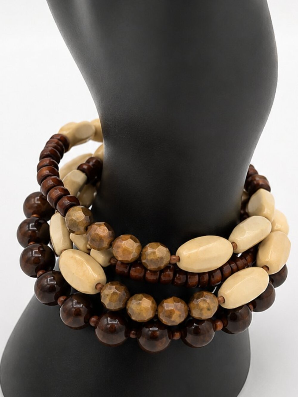 Neutral Ivory and Dark Brown Stacked Bead Bracelet Set